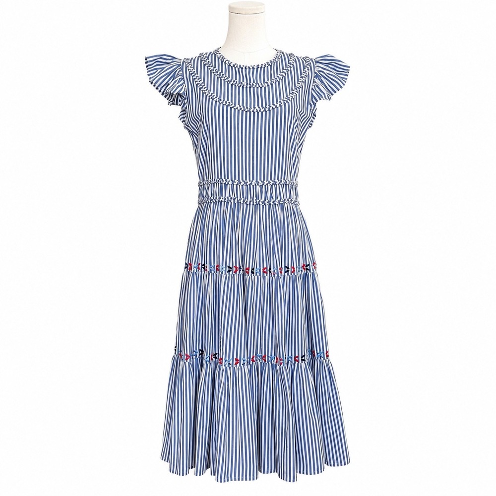 CK Bradley Striped Embroidered Tiered Midi Dress S Coastal Preppy Flutter Sleeve